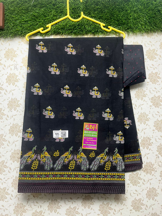 Printed Cotton Saree With Small Elephant Design Black Colour