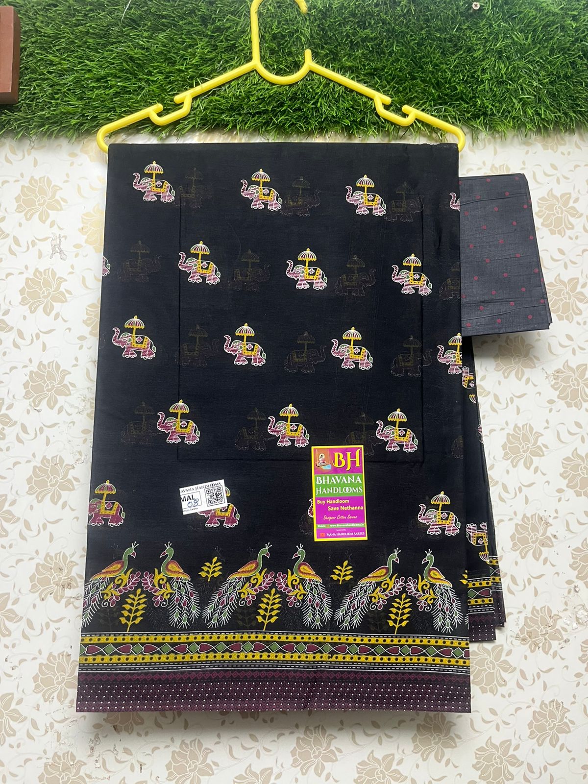 Printed Cotton Saree With Small Elephant Design Black Colour