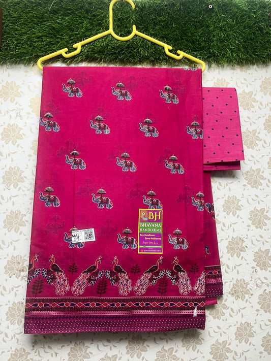 Printed Cotton Saree With Small Elephant Design Pink Colour