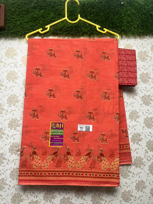 Printed Cotton Saree With Small Elephant Design Orange Colour