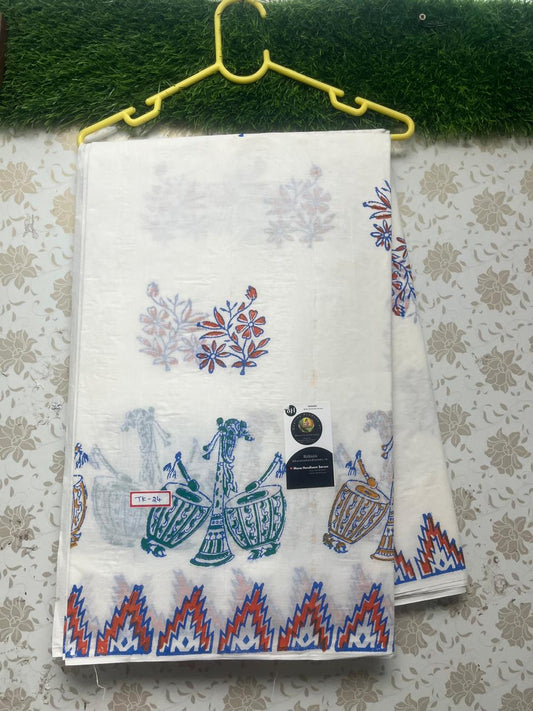 Hand Block Printed White Cotton Saree With Blue Prints