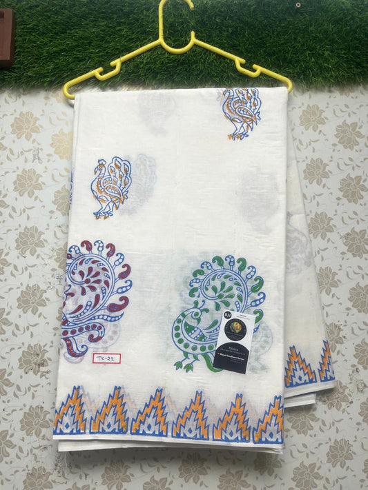 Hand Block Printed White Cotton Saree With Blue Prints