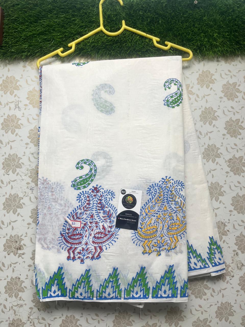 Hand Block Printed White Cotton Saree With Sky Blue Prints