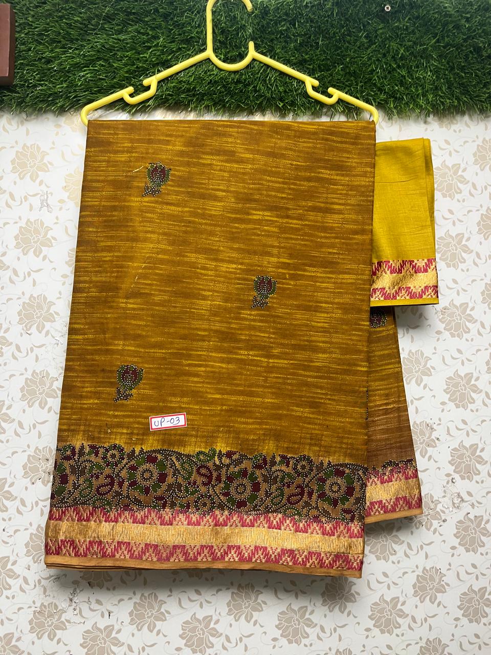 Premium Thread Border 120 Count Digital Printed Saree with Mustard Color