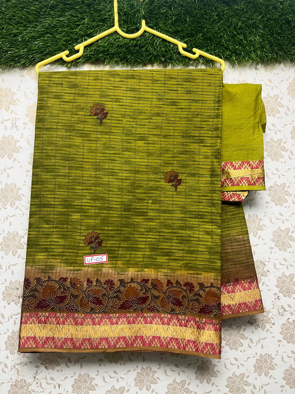 Premium Thread Border 120 Count Digital Printed Saree with Green Color