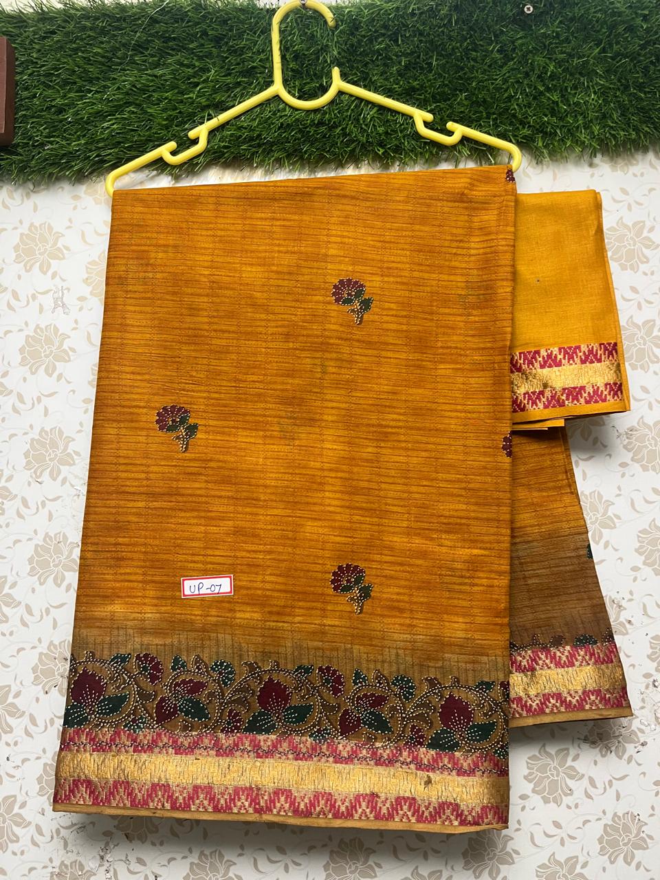 Premium Thread Border 120 Count Digital Printed Saree with Mustard Color