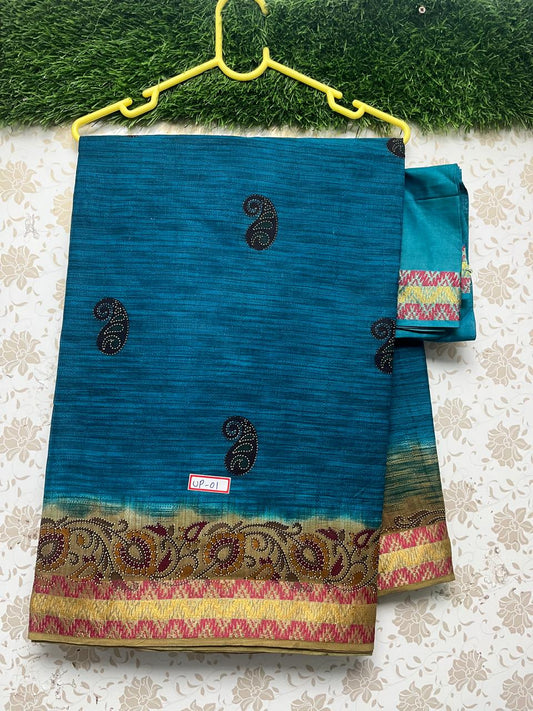 Premium Thread Border 120 Count Digital Printed Saree with Sea Blue Color