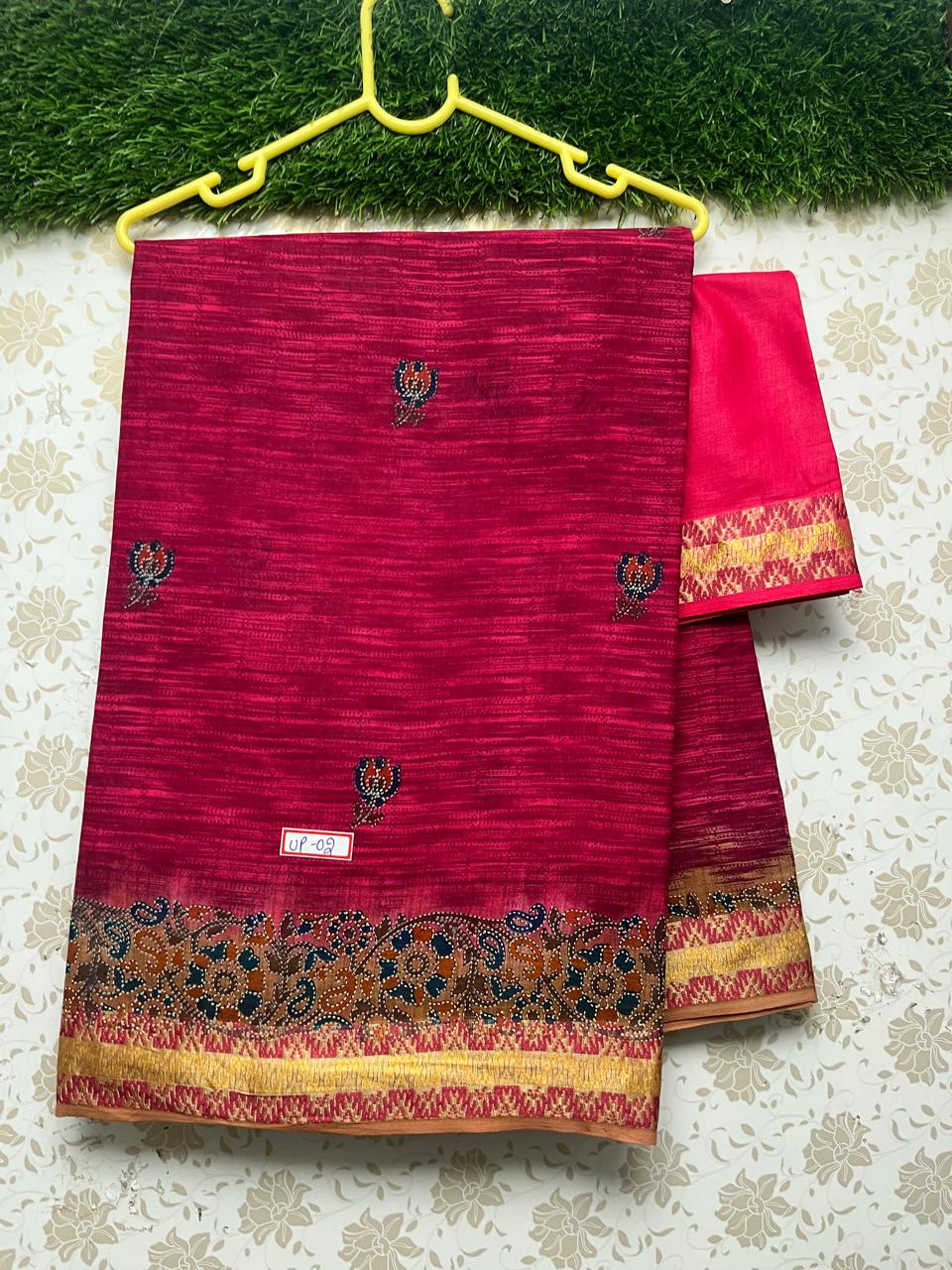 Premium Thread Border 120 Count Digital Printed Saree with Tamato Red Color