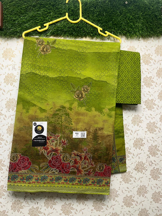 Premium 120 Count Digital Printed Saree with Olive Green Color