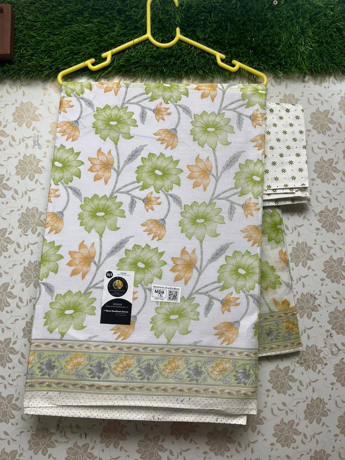 Printed White Cotton Saree with Floral Design