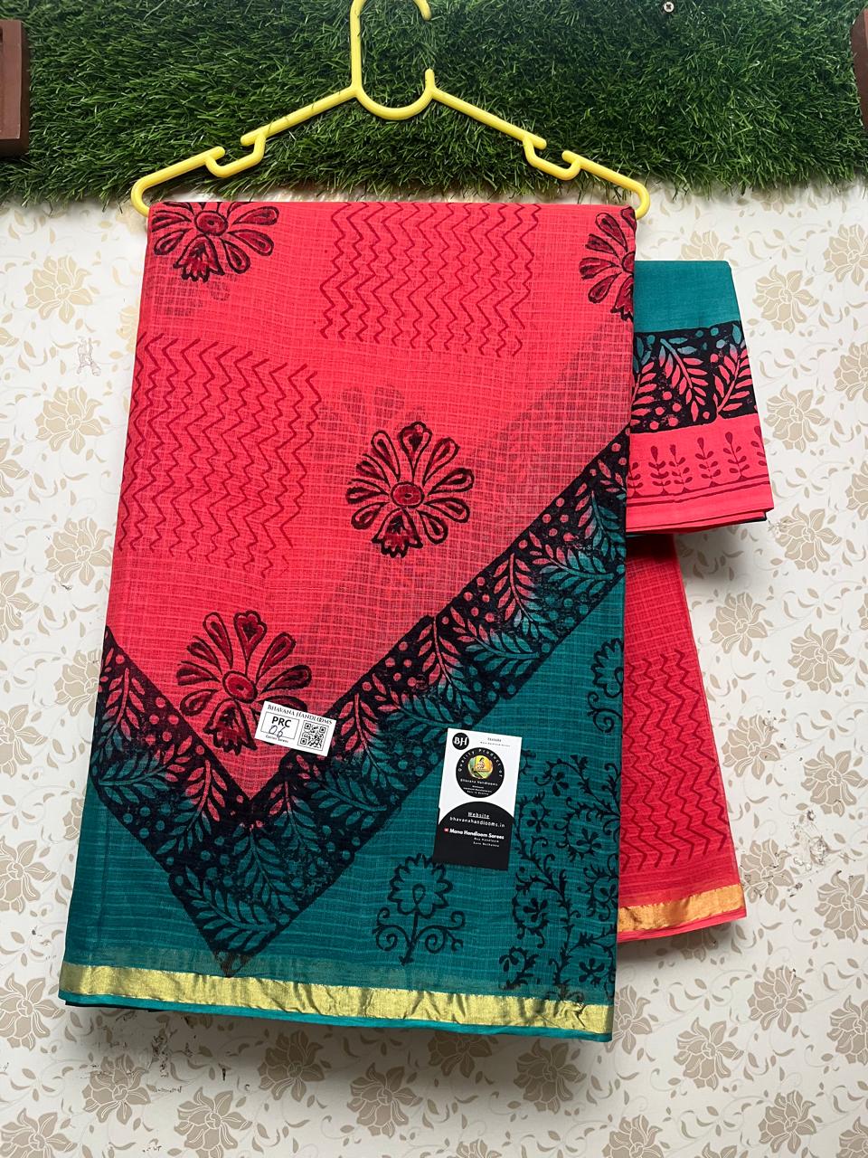 Munga Kota Cotton Temple Border Saree with Green and Pink Colour