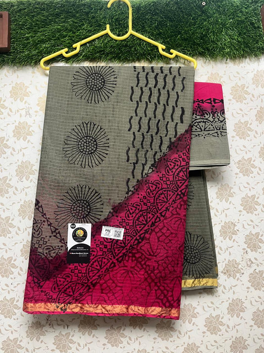 Munga Kota Cotton Temple Border Saree with Grey and Pink Colour