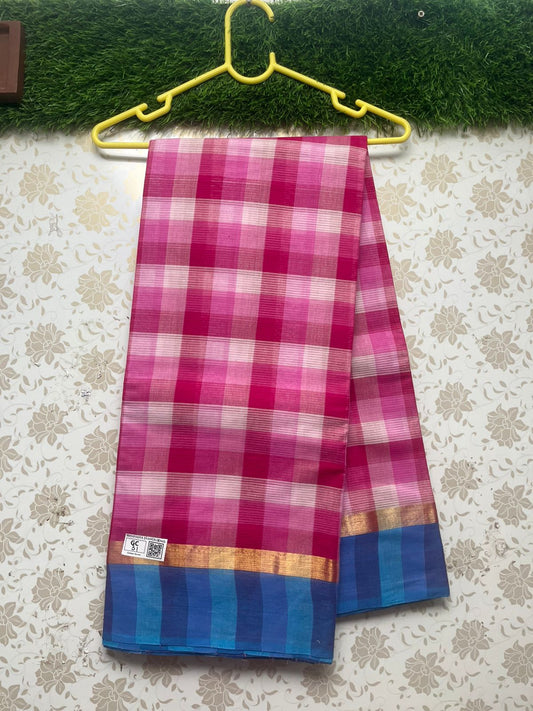 Handloom Wooven Daily Wear Cotton Saree with Pink Color With Check's Pattern