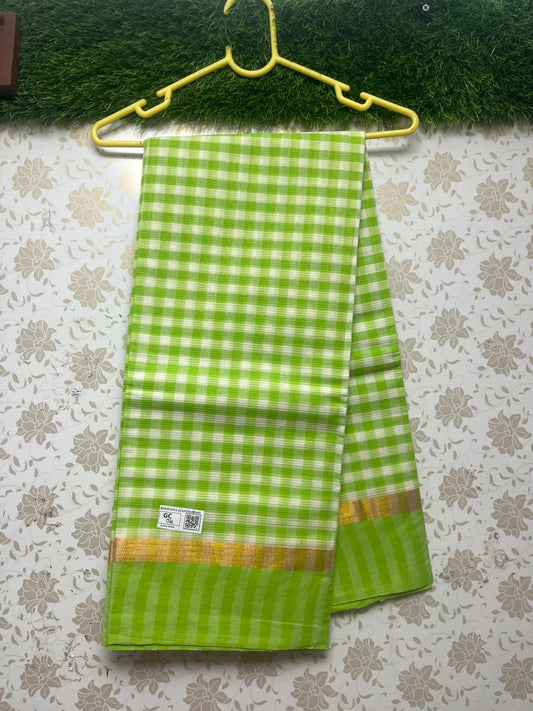 Handloom Wooven Daily Wear Cotton Saree with Parrot Green Color With Check's Pattern