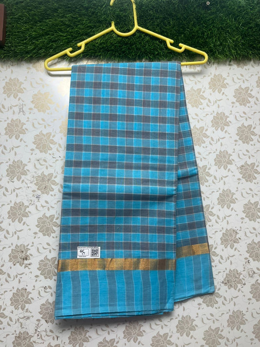 Handloom Wooven Daily Wear Cotton Saree with Sky Blue Color With Check's Pattern