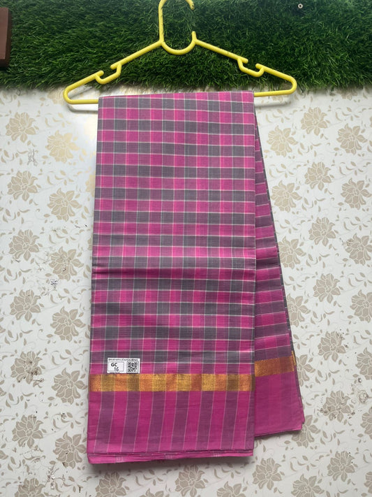 Handloom Wooven Daily Wear Cotton Saree with Pink Color With Check's Pattern