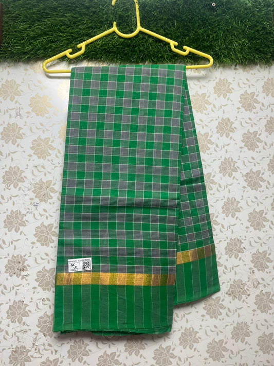 Handloom Wooven Daily Wear Cotton Saree with Green Color With Check's Pattern