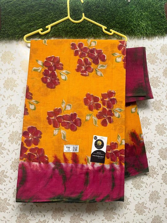 Printed Cotton Saree With Yellow Color