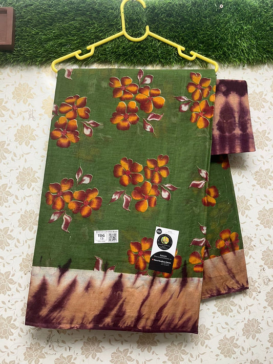 Printed Cotton Saree With Green Color