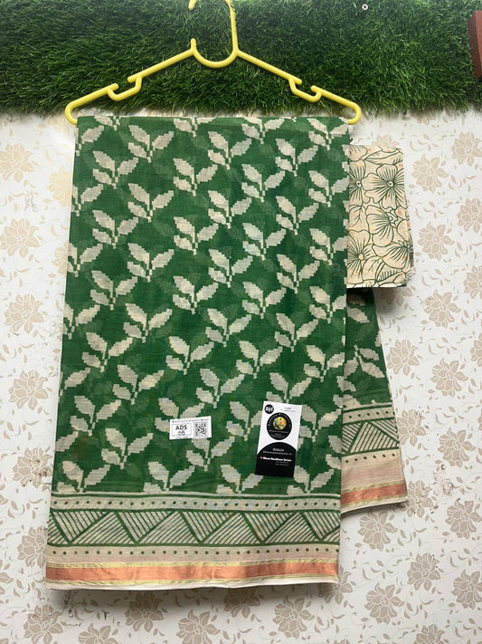 Printed Cotton Saree With Green Color