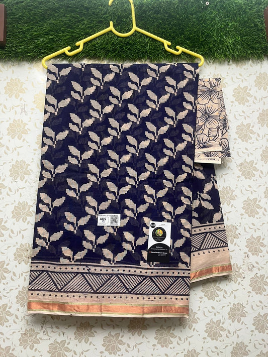 Printed Cotton Saree With Royal Blue Color